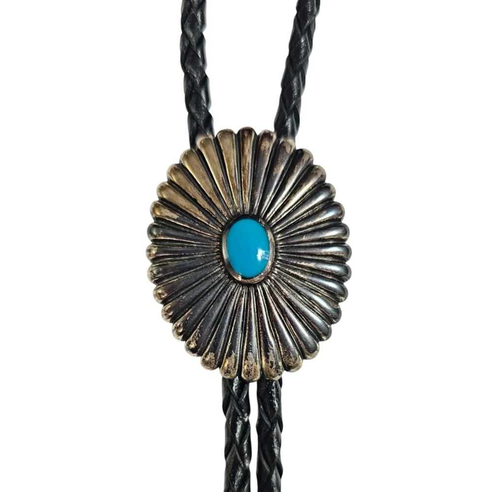 Vintage Kabana Sterling Silver Genuine Turquoise Sunburst Fluted Bolo Tie